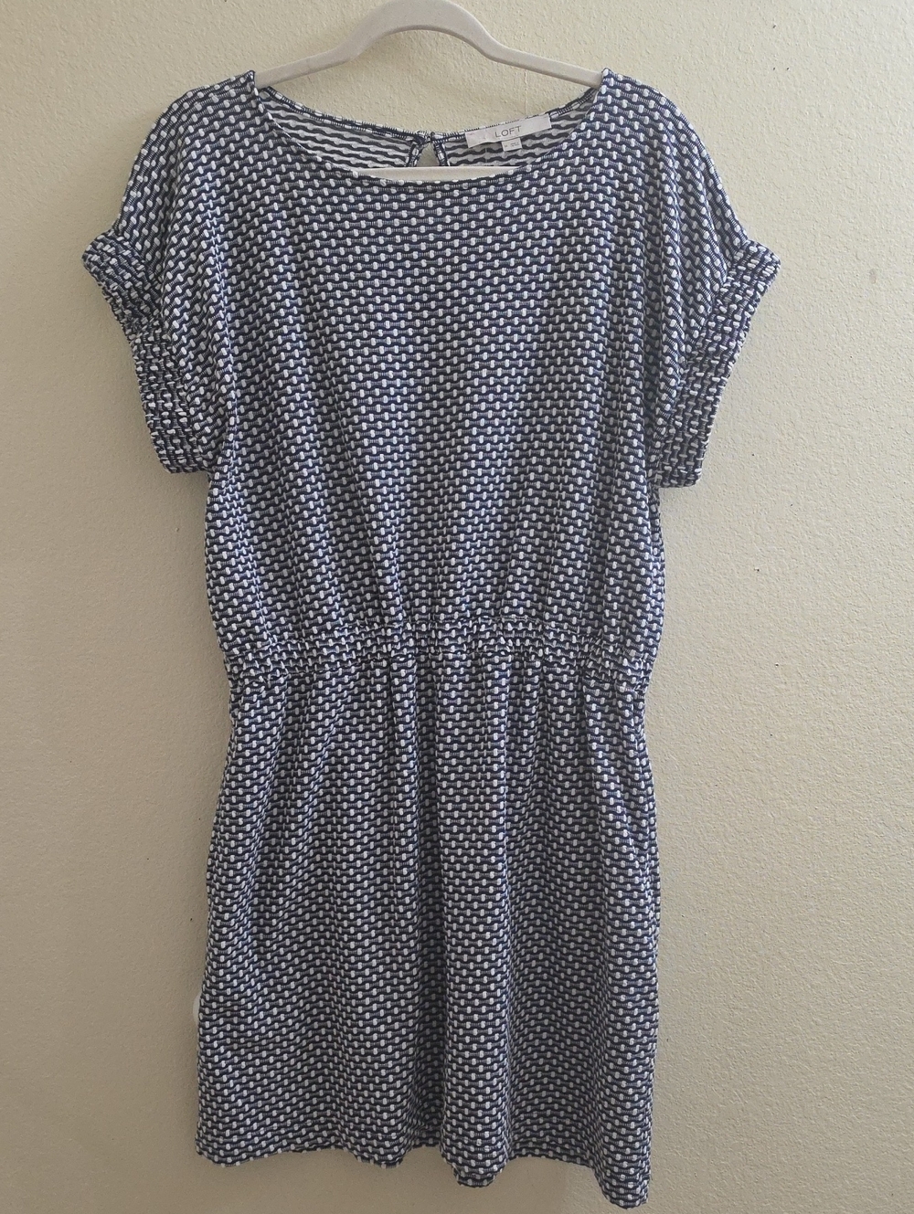 LOFT Navy & White Geometric Short Sleeve Dress, Medium
